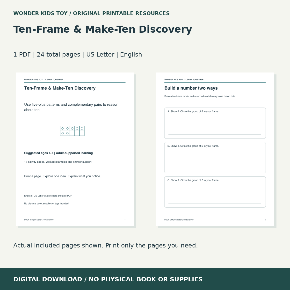 Ten-Frame & Make-Ten Discovery: actual included PDF previews, 24 total pages, US Letter digital download