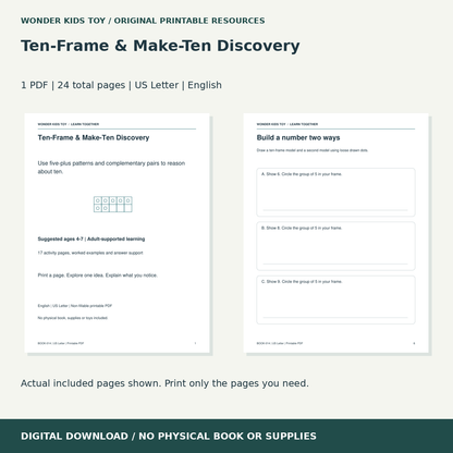 Ten-Frame & Make-Ten Discovery: actual included PDF previews, 24 total pages, US Letter digital download