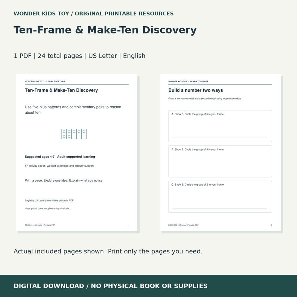 Ten-Frame & Make-Ten Discovery: actual included PDF previews, 24 total pages, US Letter digital download