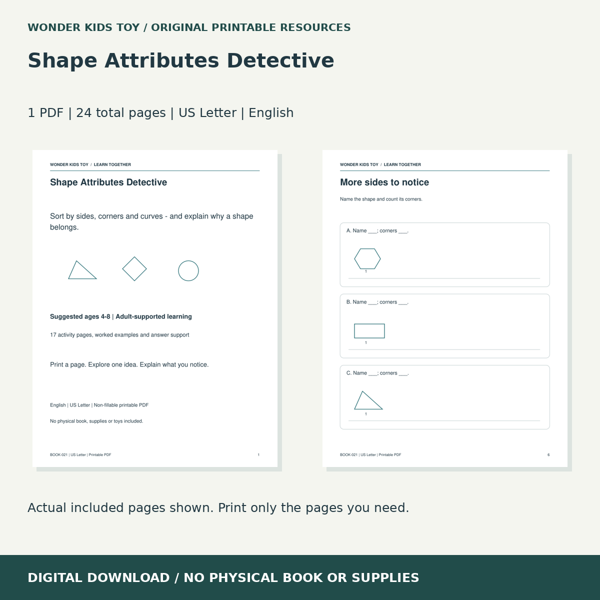 Shape Attributes Detective: actual included PDF previews, 24 total pages, US Letter digital download