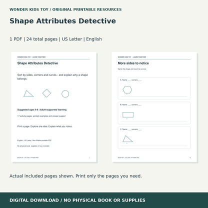 Shape Attributes Detective: actual included PDF previews, 24 total pages, US Letter digital download