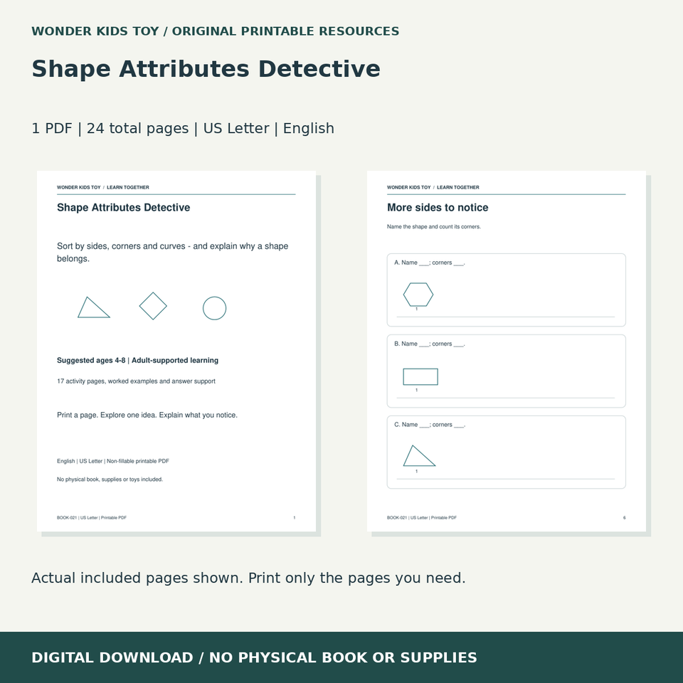 Shape Attributes Detective: actual included PDF previews, 24 total pages, US Letter digital download
