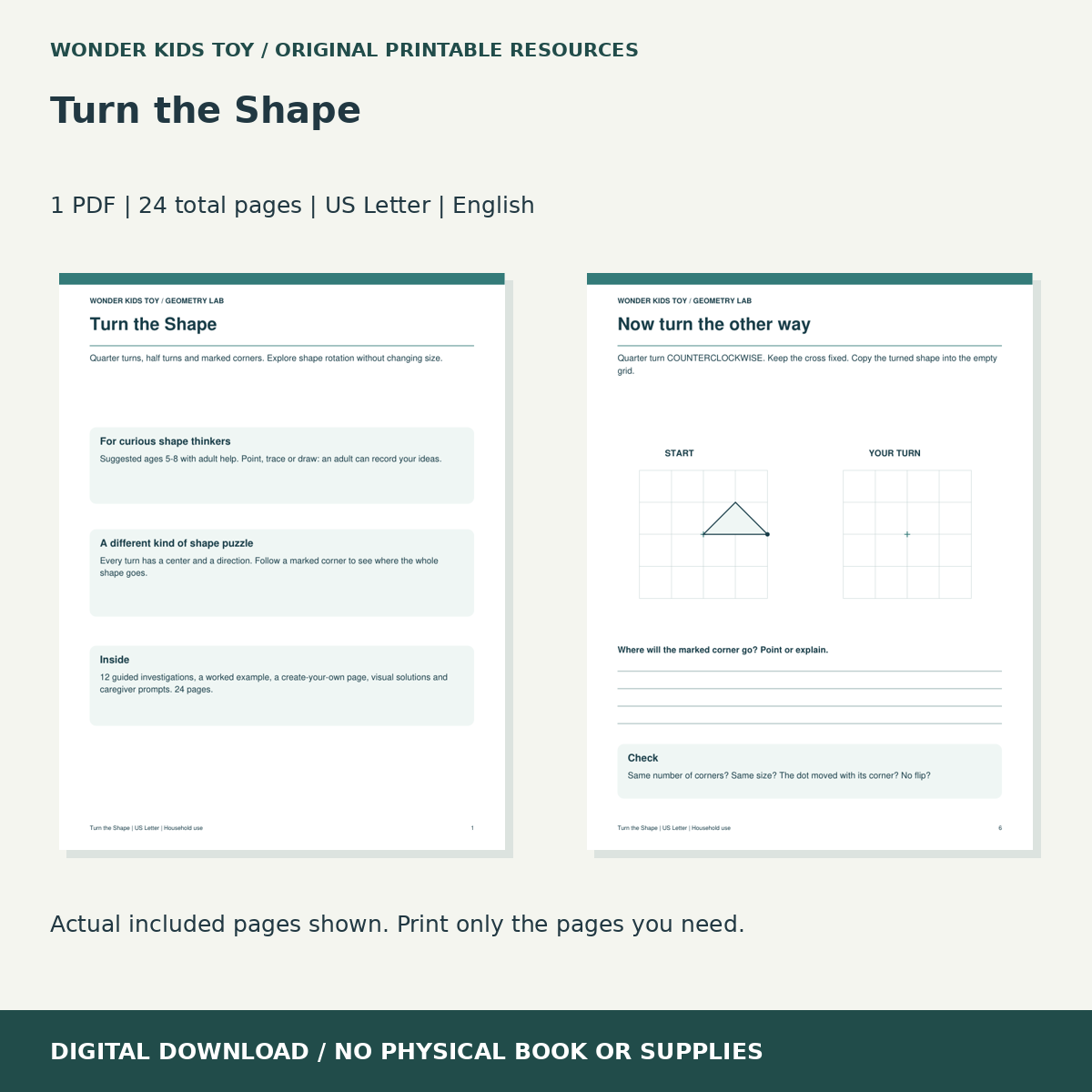 Turn the Shape: actual included PDF previews, 24 total pages, US Letter digital download
