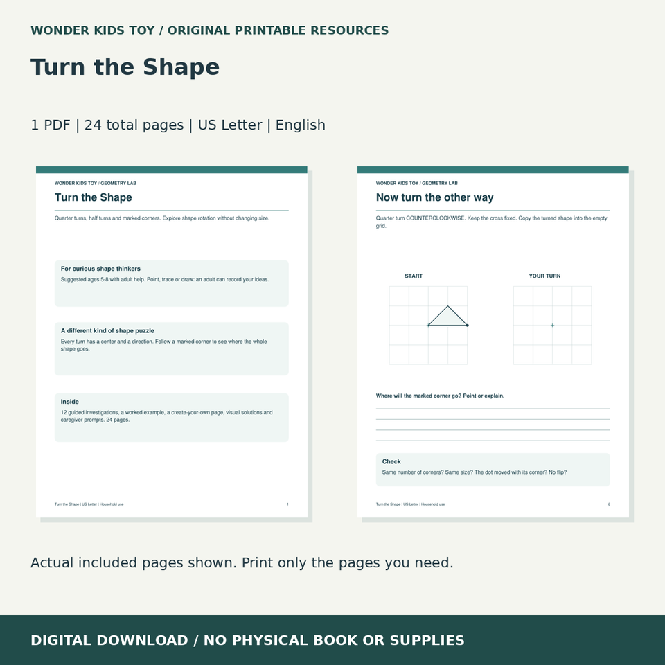 Turn the Shape: actual included PDF previews, 24 total pages, US Letter digital download