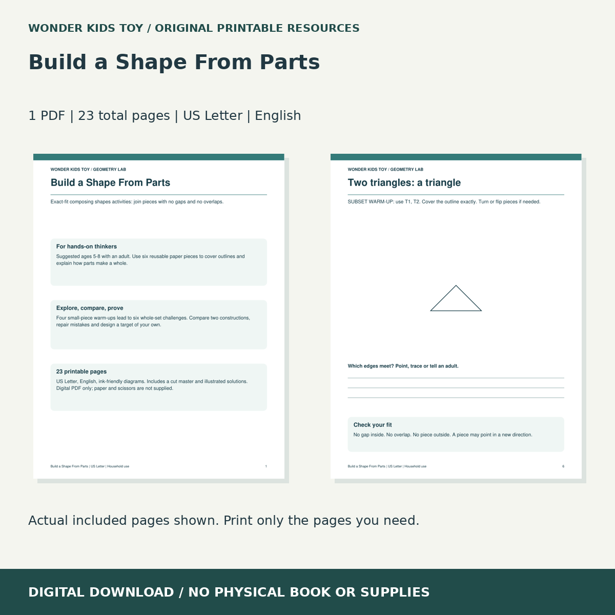 Build a Shape From Parts: actual included PDF previews, 23 total pages, US Letter digital download