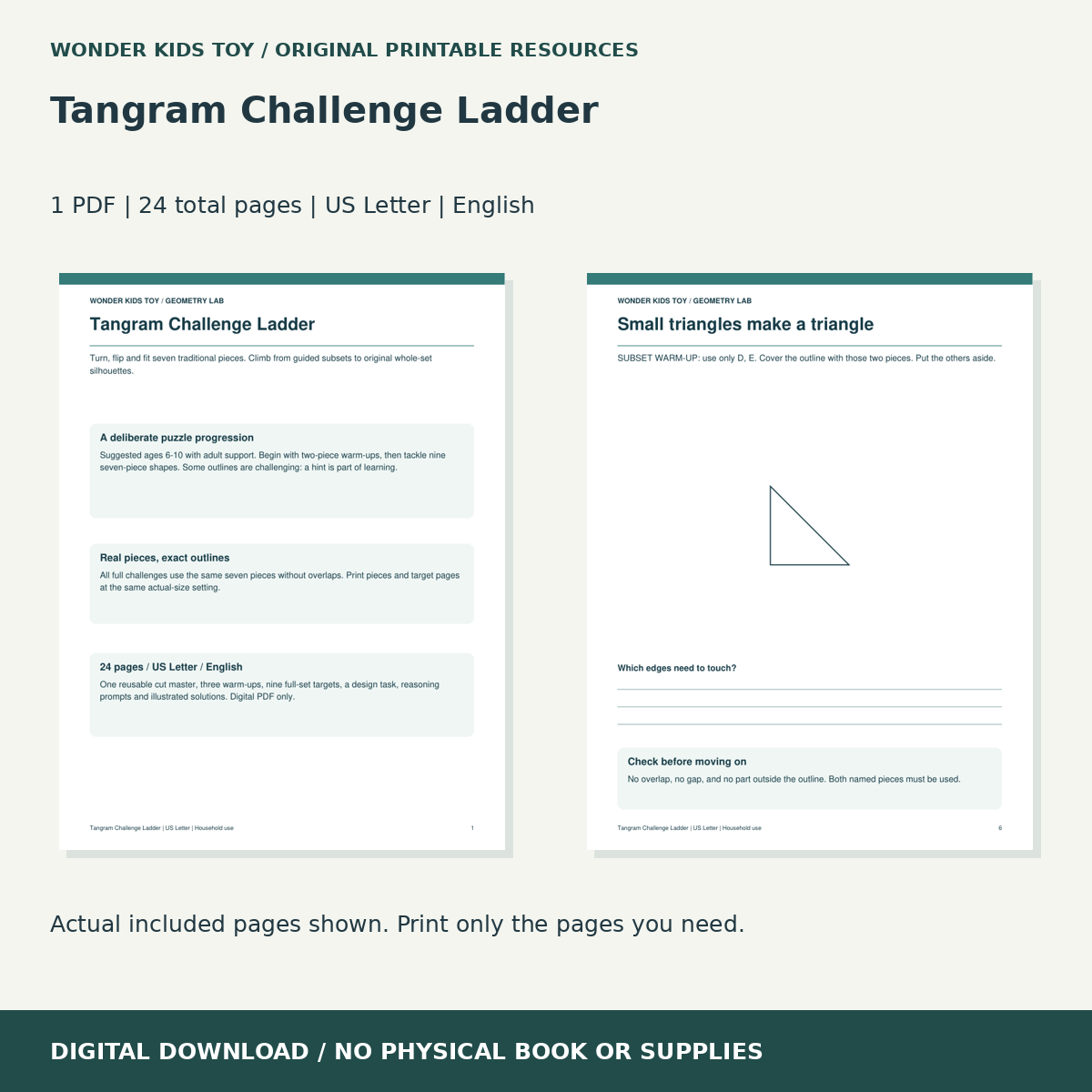 Tangram Challenge Ladder: actual included PDF previews, 24 total pages, US Letter digital download