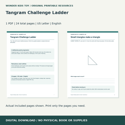 Tangram Challenge Ladder: actual included PDF previews, 24 total pages, US Letter digital download