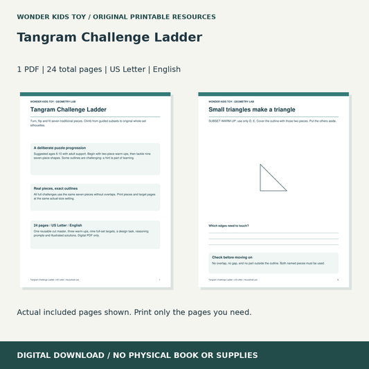 Tangram Challenge Ladder: actual included PDF previews, 24 total pages, US Letter digital download