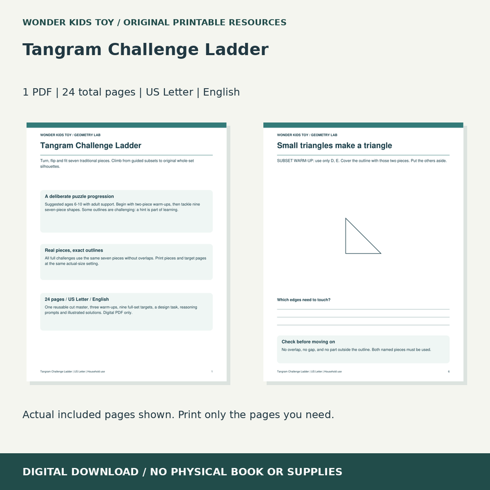 Tangram Challenge Ladder: actual included PDF previews, 24 total pages, US Letter digital download