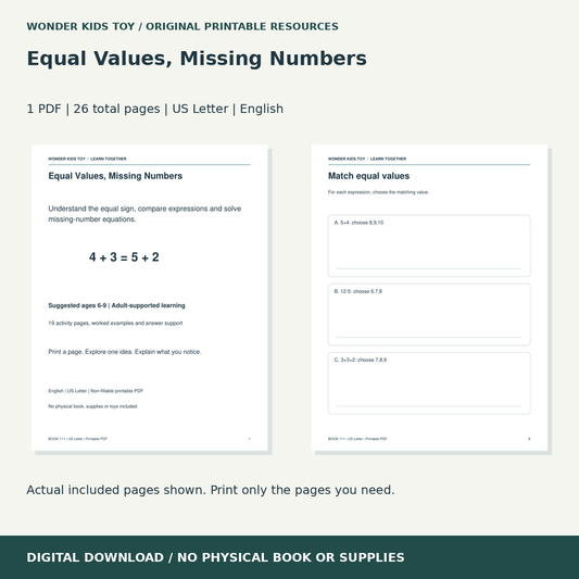 Equal Values, Missing Numbers: actual included PDF previews, 26 total pages, US Letter digital download