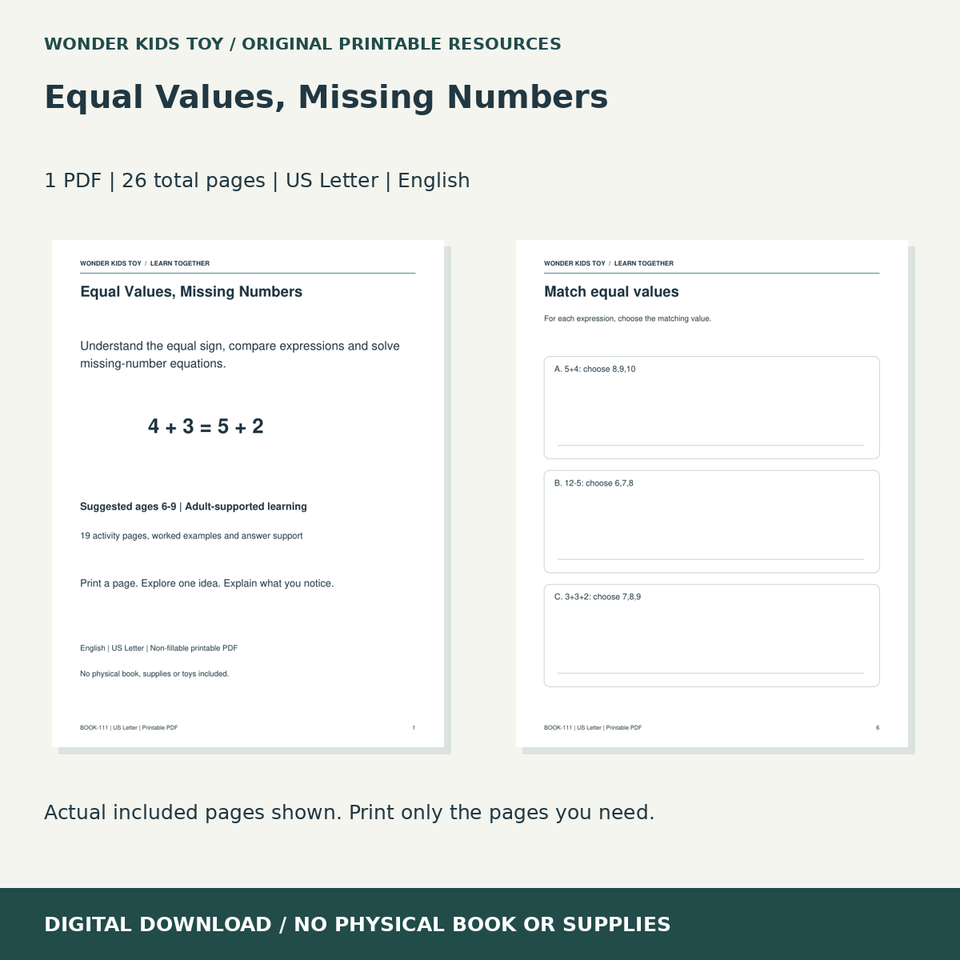 Equal Values, Missing Numbers: actual included PDF previews, 26 total pages, US Letter digital download