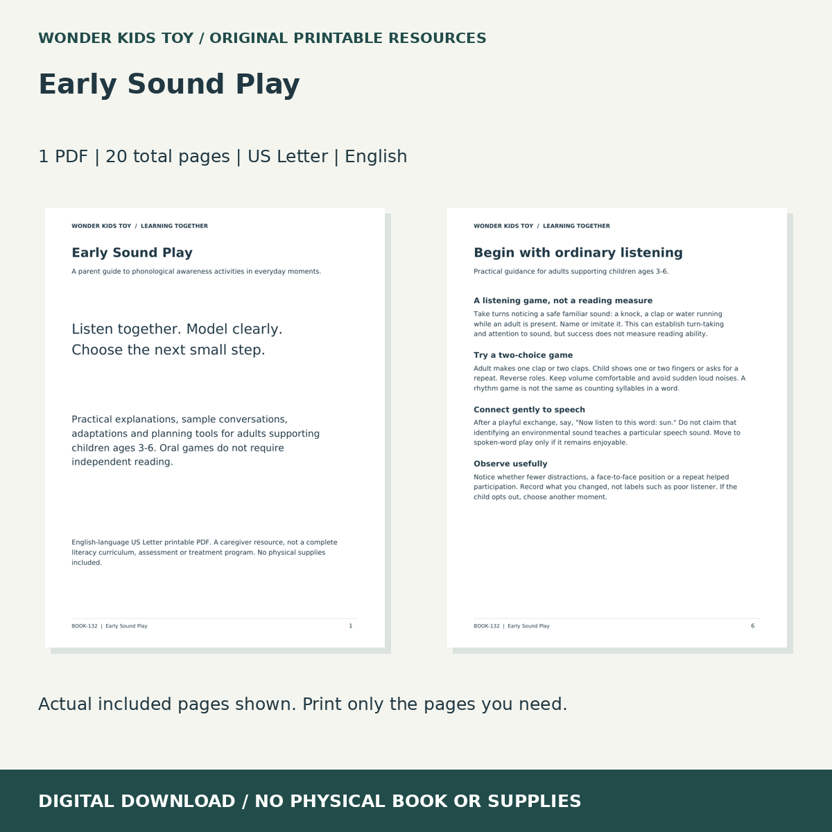 Early Sound Play: actual included PDF previews, 20 total pages, US Letter digital download