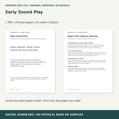 Early Sound Play: actual included PDF previews, 20 total pages, US Letter digital download