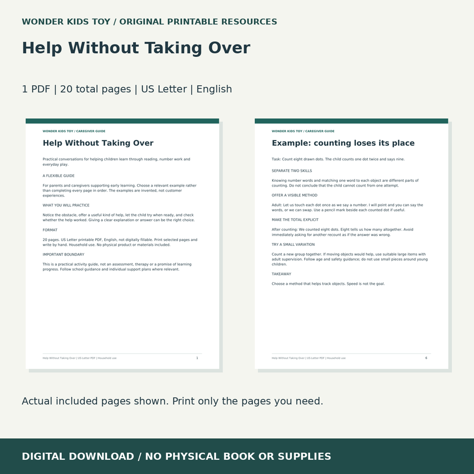 Help Without Taking Over: actual included PDF previews, 20 total pages, US Letter digital download