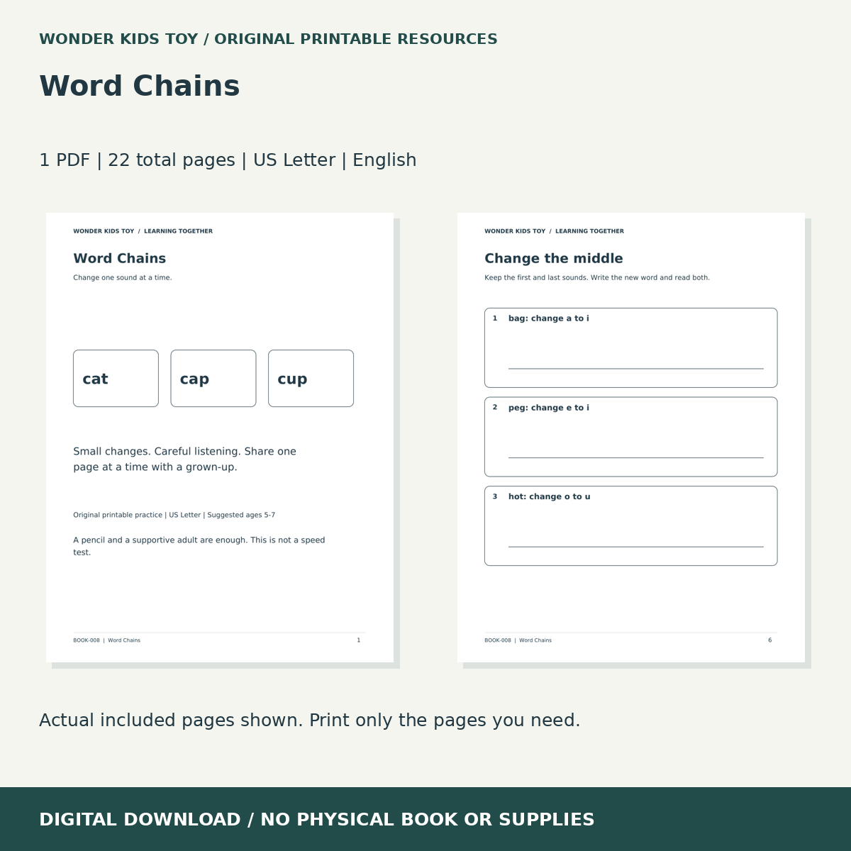Word Chains: actual included PDF previews, 22 total pages, US Letter digital download