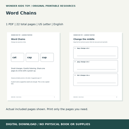 Word Chains: actual included PDF previews, 22 total pages, US Letter digital download