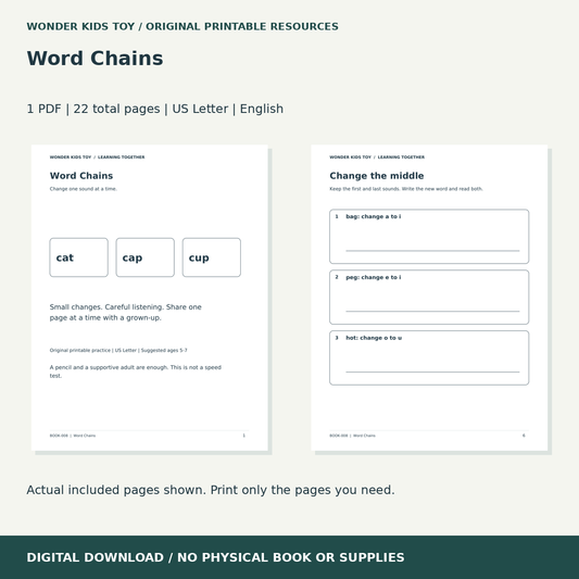 Word Chains: actual included PDF previews, 22 total pages, US Letter digital download