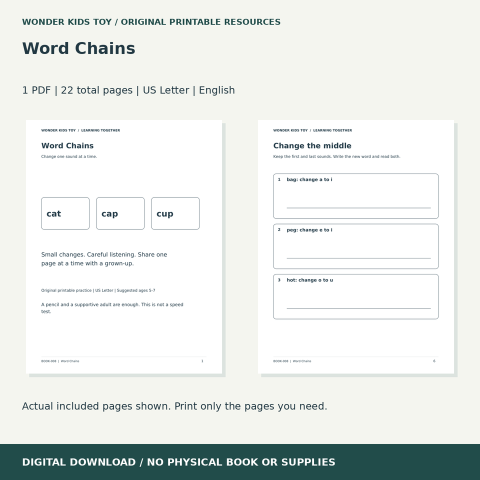 Word Chains: actual included PDF previews, 22 total pages, US Letter digital download