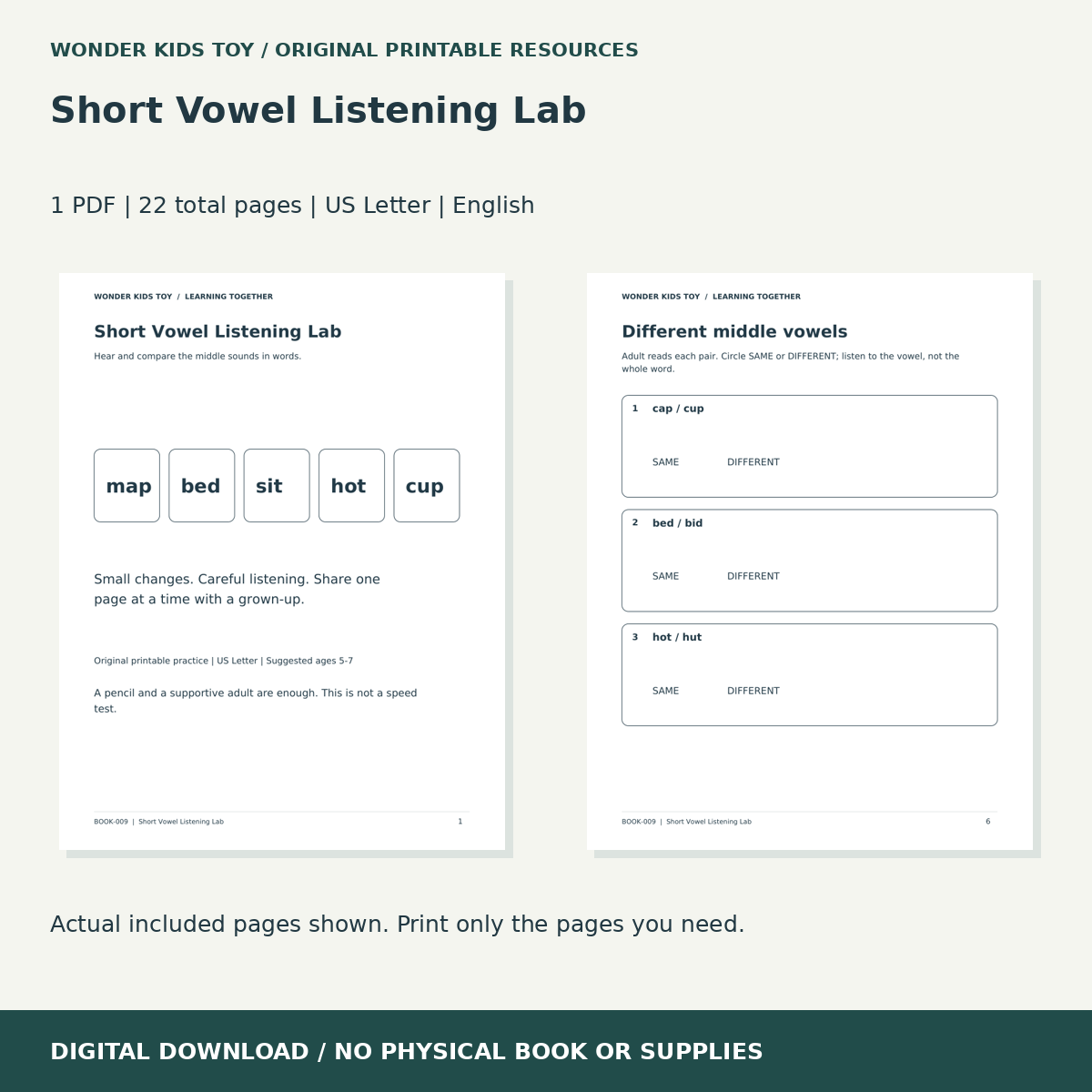Short Vowel Listening Lab: actual included PDF previews, 22 total pages, US Letter digital download