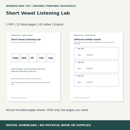Short Vowel Listening Lab: actual included PDF previews, 22 total pages, US Letter digital download