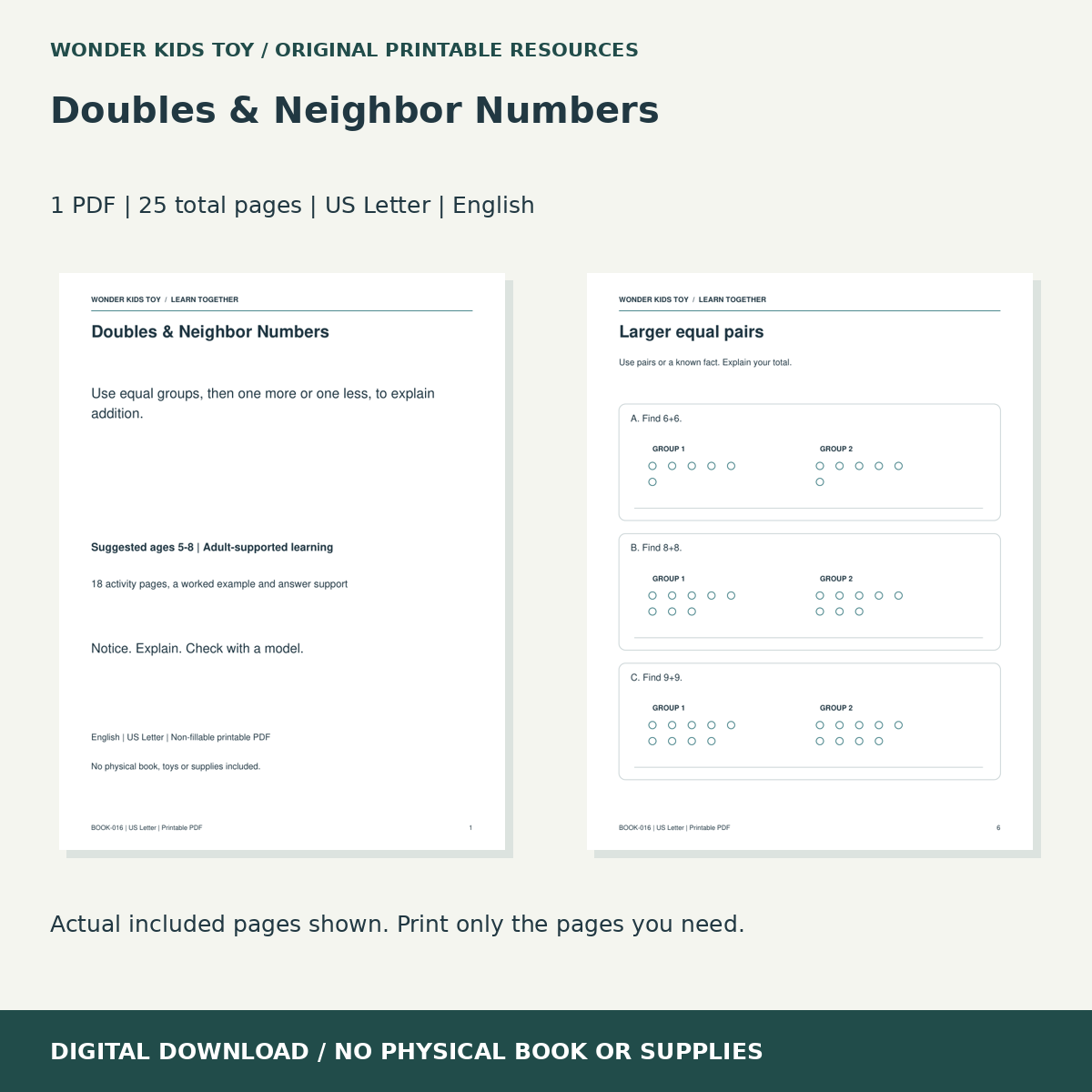 Doubles & Neighbor Numbers: actual included PDF previews, 25 total pages, US Letter digital download