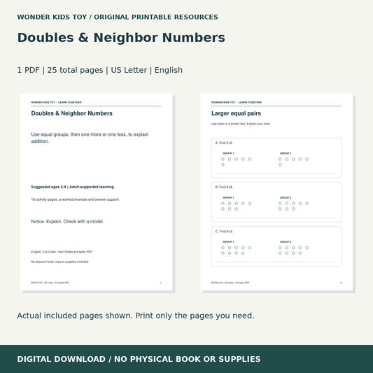 Doubles & Neighbor Numbers: actual included PDF previews, 25 total pages, US Letter digital download