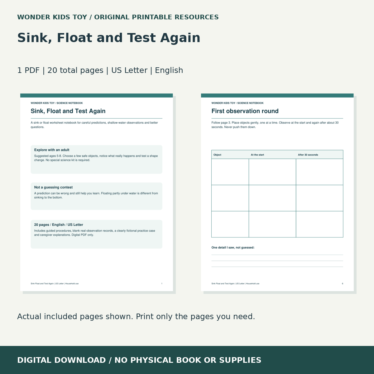 Sink, Float and Test Again: actual included PDF previews, 20 total pages, US Letter digital download