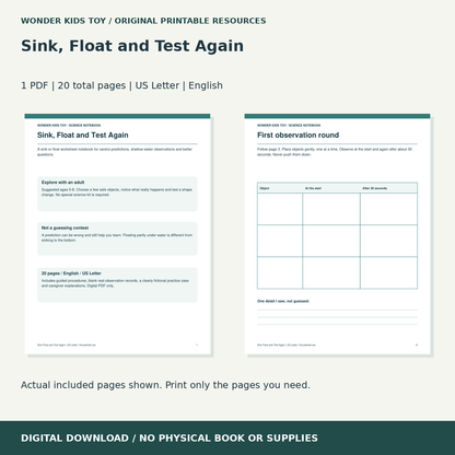 Sink, Float and Test Again: actual included PDF previews, 20 total pages, US Letter digital download