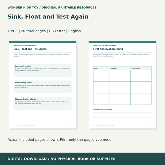 Sink, Float and Test Again: actual included PDF previews, 20 total pages, US Letter digital download