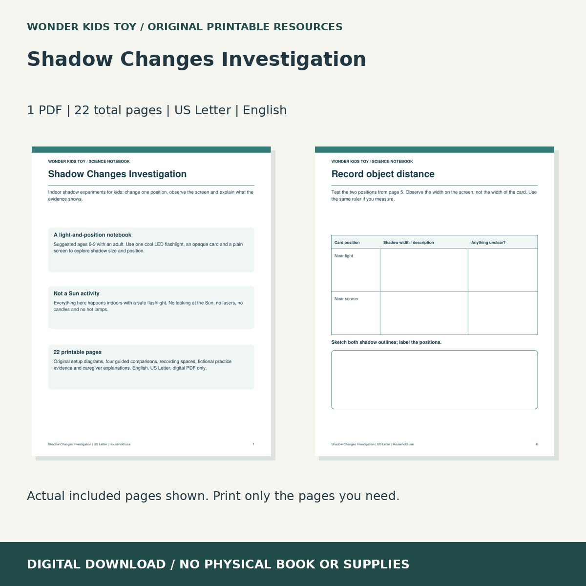 Shadow Changes Investigation: actual included PDF previews, 22 total pages, US Letter digital download