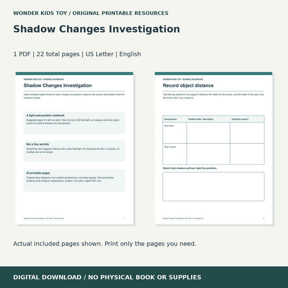 Shadow Changes Investigation: actual included PDF previews, 22 total pages, US Letter digital download