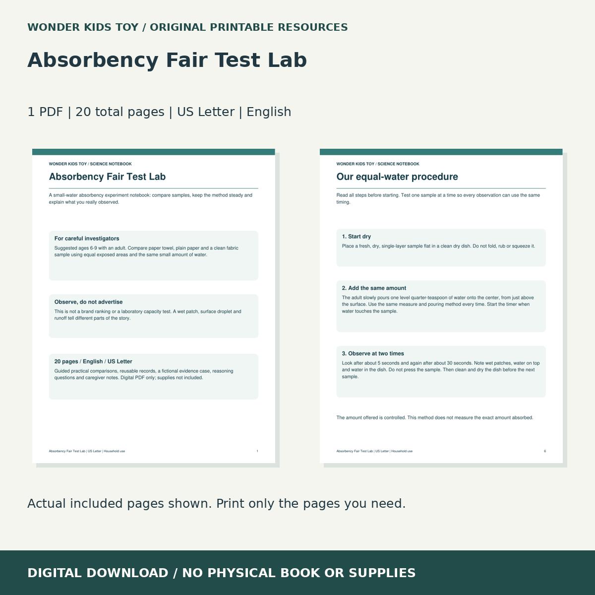 Absorbency Fair Test Lab: actual included PDF previews, 20 total pages, US Letter digital download