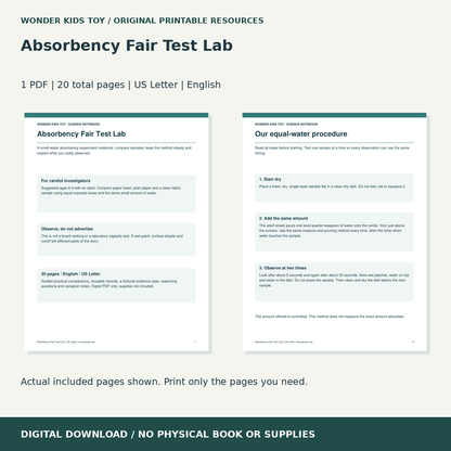 Absorbency Fair Test Lab: actual included PDF previews, 20 total pages, US Letter digital download
