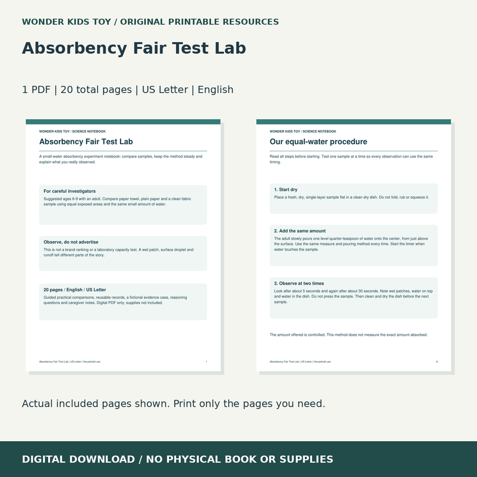 Absorbency Fair Test Lab: actual included PDF previews, 20 total pages, US Letter digital download