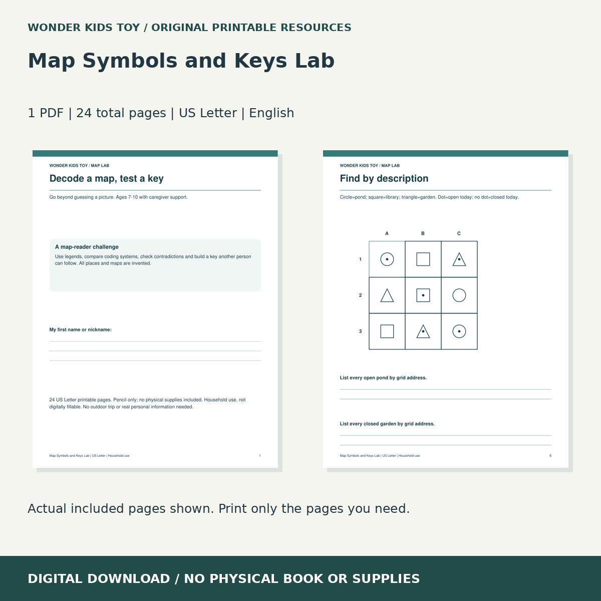 Map Symbols and Keys Lab: actual included PDF previews, 24 total pages, US Letter digital download