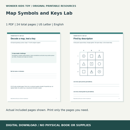 Map Symbols and Keys Lab: actual included PDF previews, 24 total pages, US Letter digital download