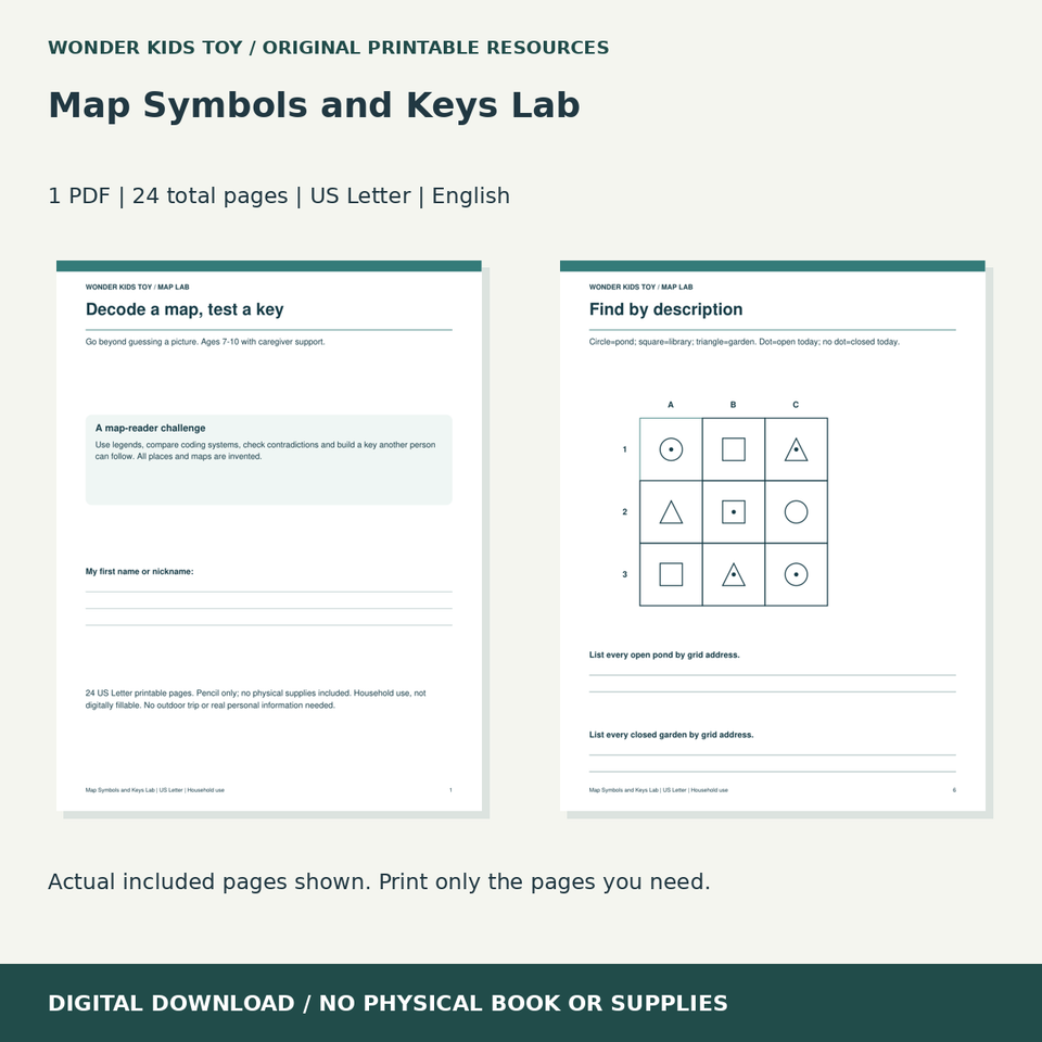 Map Symbols and Keys Lab: actual included PDF previews, 24 total pages, US Letter digital download
