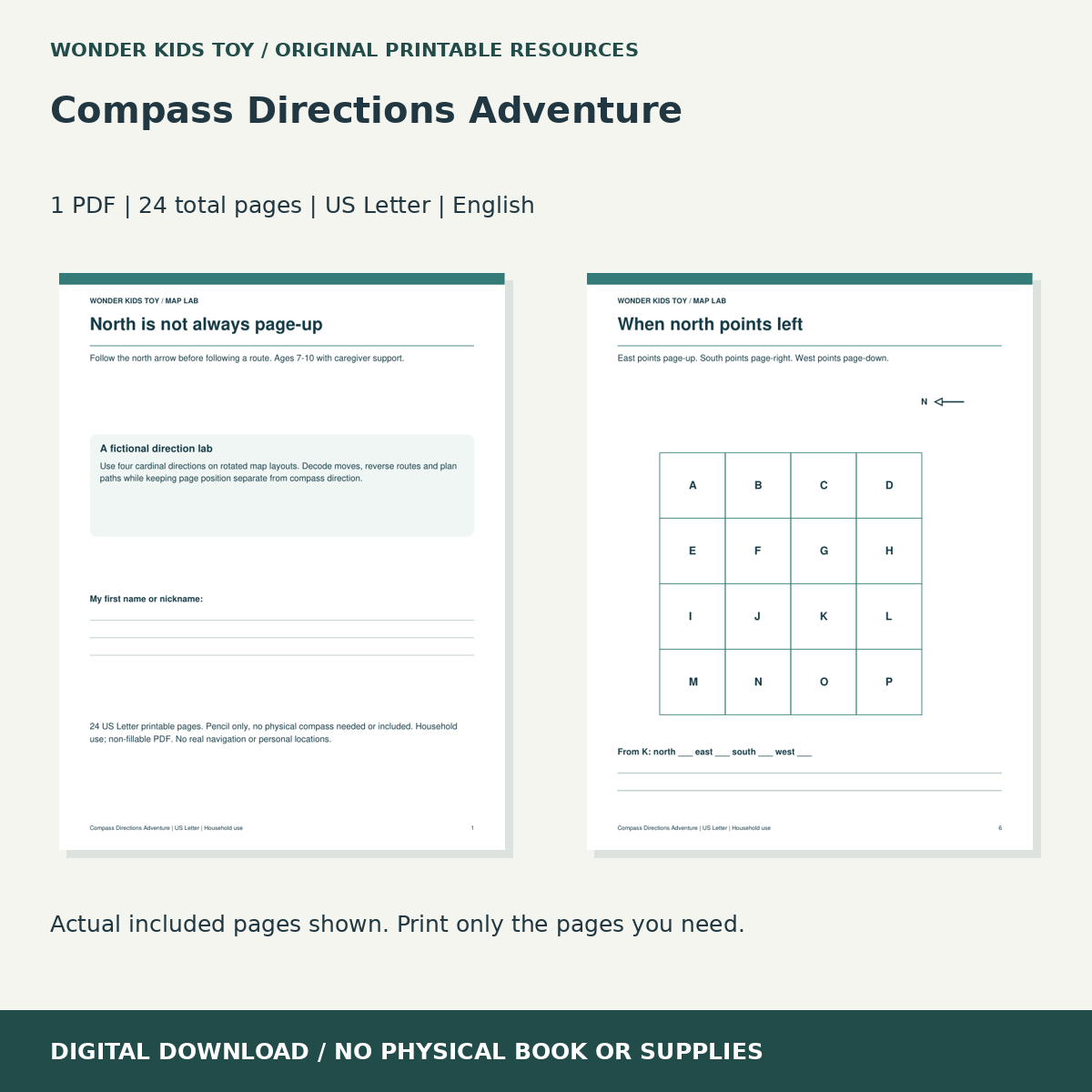 Compass Directions Adventure: actual included PDF previews, 24 total pages, US Letter digital download