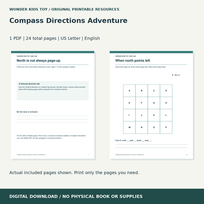Compass Directions Adventure: actual included PDF previews, 24 total pages, US Letter digital download