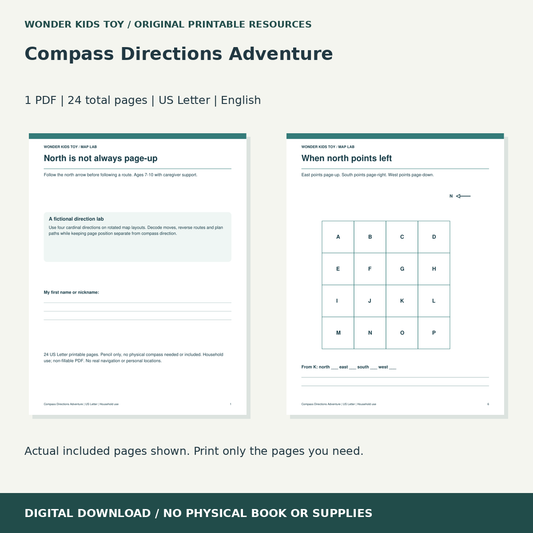 Compass Directions Adventure: actual included PDF previews, 24 total pages, US Letter digital download