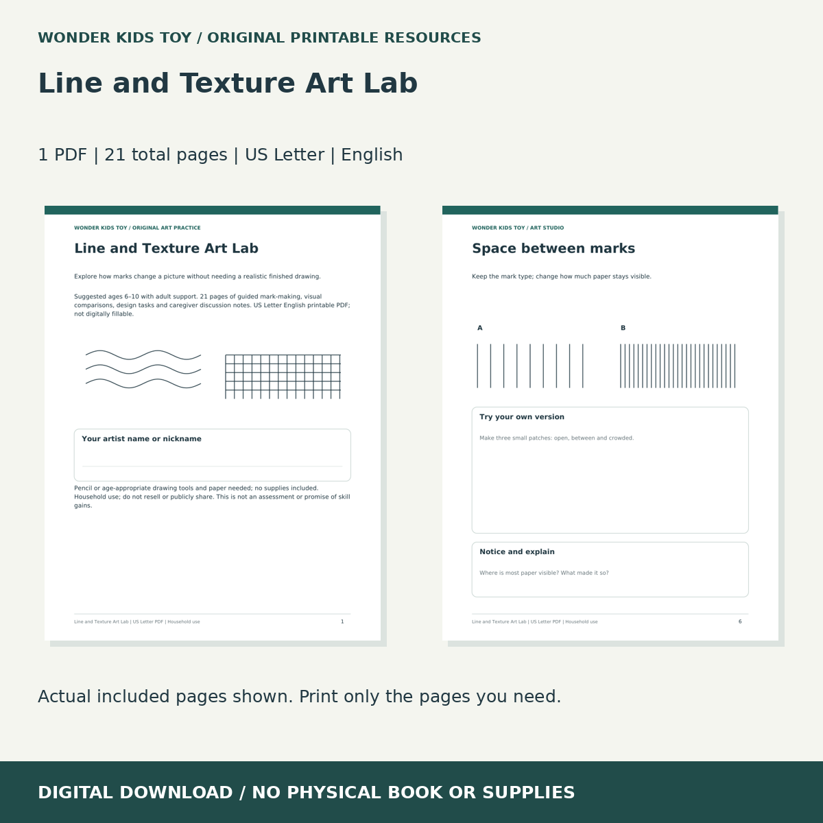 Line and Texture Art Lab: actual included PDF previews, 21 total pages, US Letter digital download