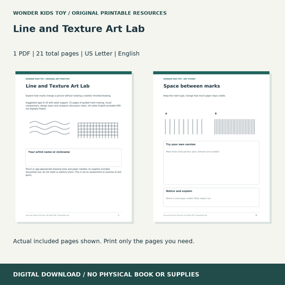 Line and Texture Art Lab: actual included PDF previews, 21 total pages, US Letter digital download