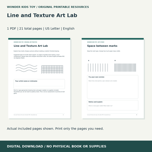 Line and Texture Art Lab: actual included PDF previews, 21 total pages, US Letter digital download