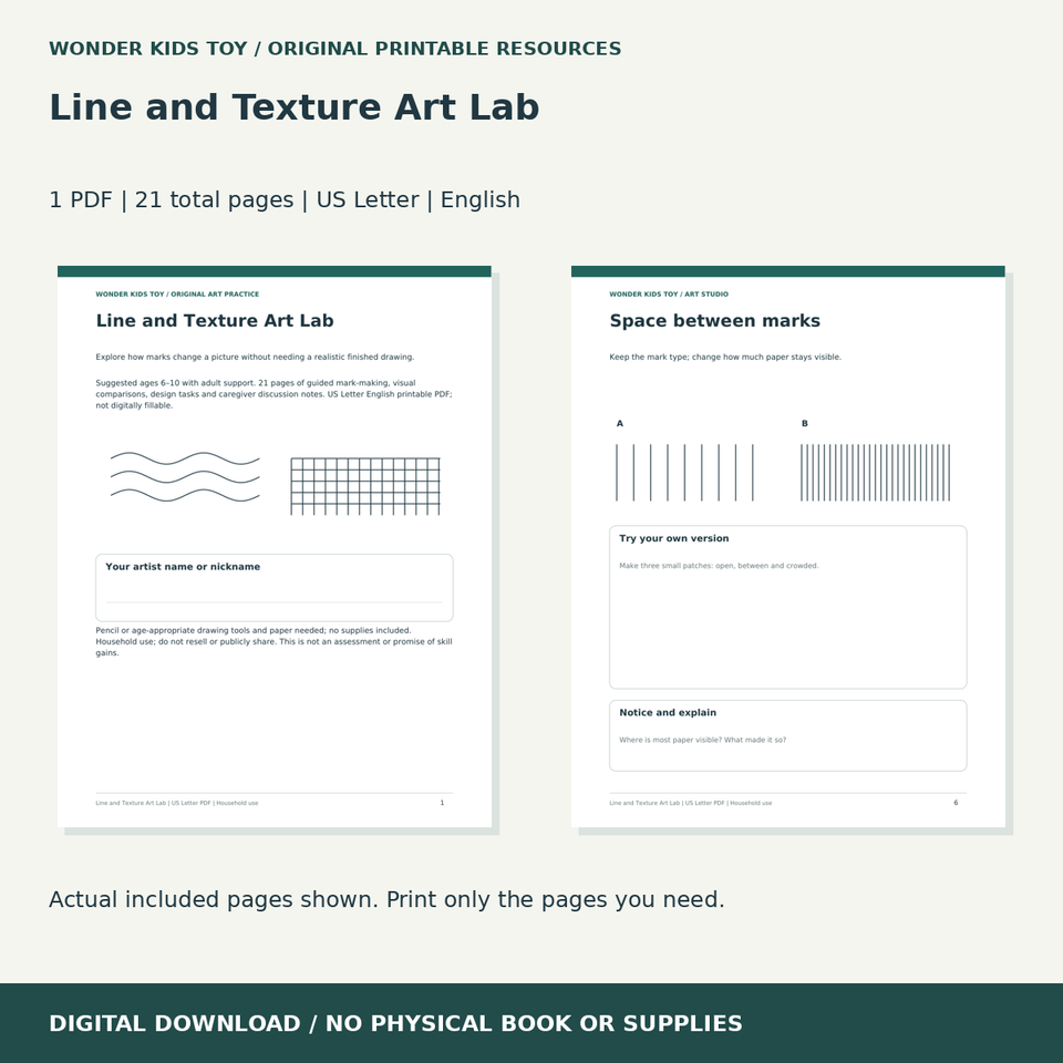 Line and Texture Art Lab: actual included PDF previews, 21 total pages, US Letter digital download
