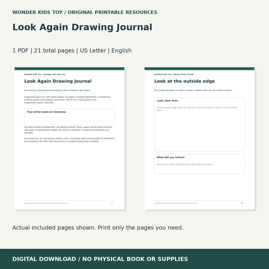Look Again Drawing Journal: actual included PDF previews, 21 total pages, US Letter digital download