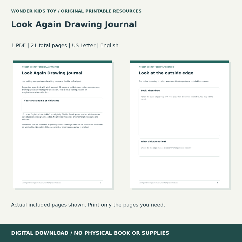 Look Again Drawing Journal: actual included PDF previews, 21 total pages, US Letter digital download