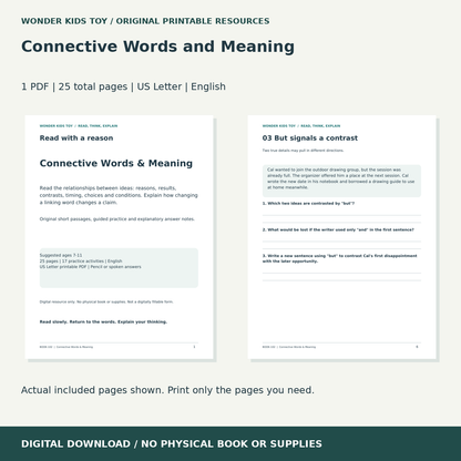 Connective Words and Meaning: actual included PDF previews, 25 total pages, US Letter digital download