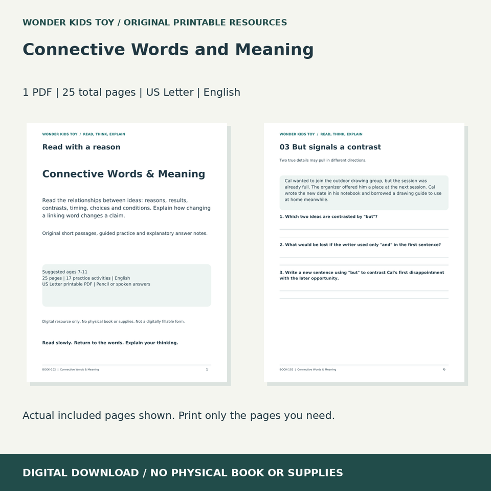 Connective Words and Meaning: actual included PDF previews, 25 total pages, US Letter digital download