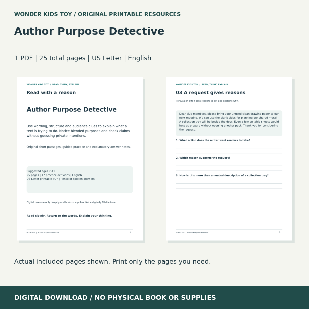 Author Purpose Detective: actual included PDF previews, 25 total pages, US Letter digital download