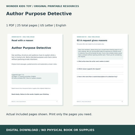 Author Purpose Detective: actual included PDF previews, 25 total pages, US Letter digital download